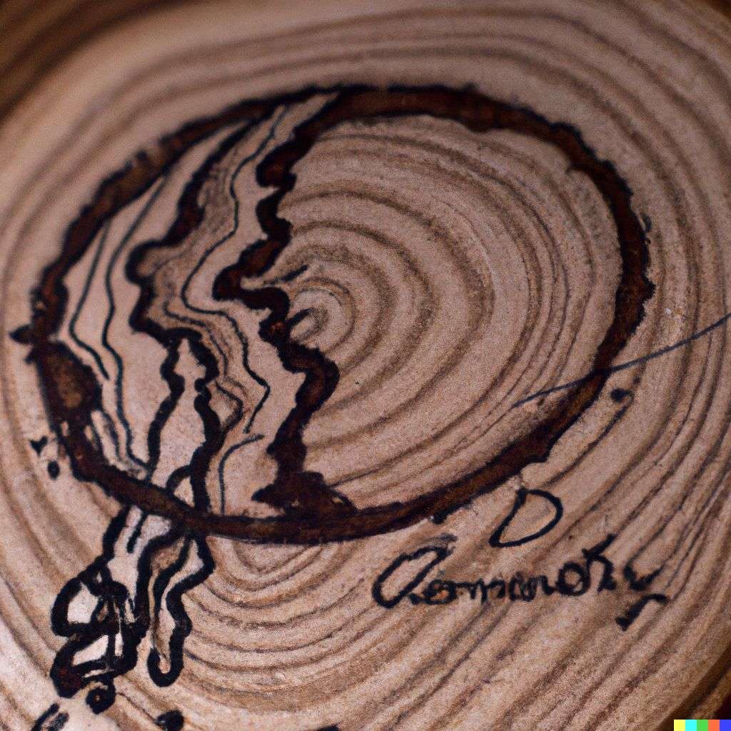 the discovery of gravity, pyrography on a piece of wood
